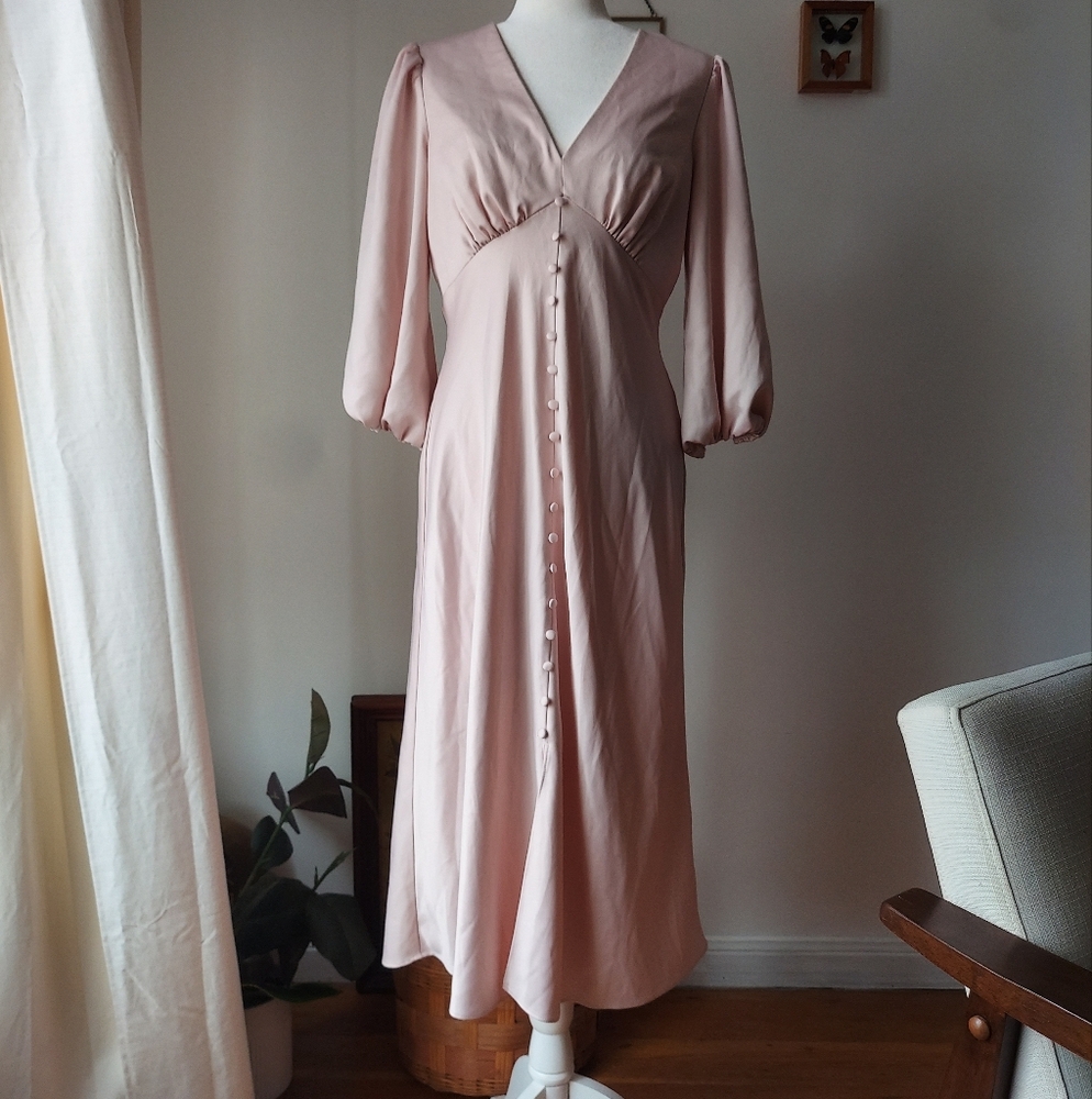 Adrianna Papell Satin Crepe Empire Waist V-Neck 3/4 Sleeve Button Midi Dress 6